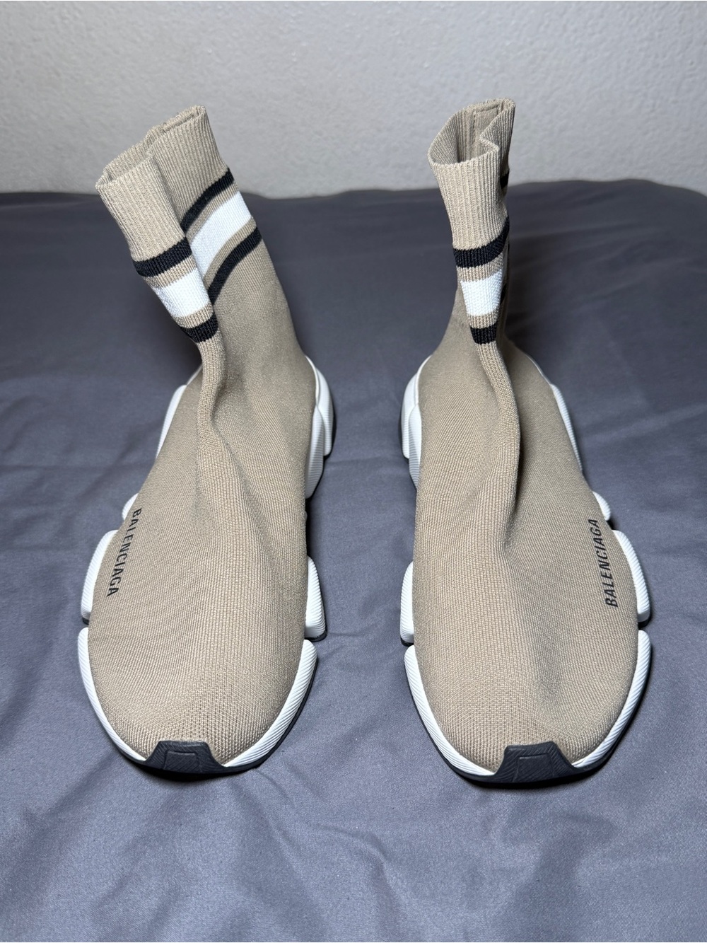 Balenciaga Taupe Knit Sock Sneakers with White & Black Stripes